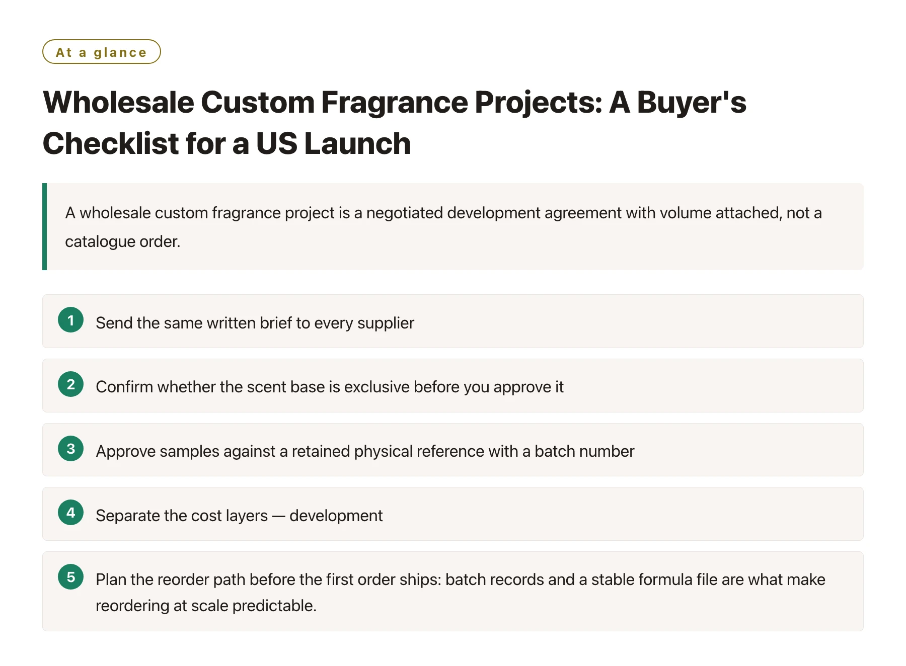 Wholesale Custom Fragrance Projects: A Buyer's Checklist for a US Launch——全文要点速览