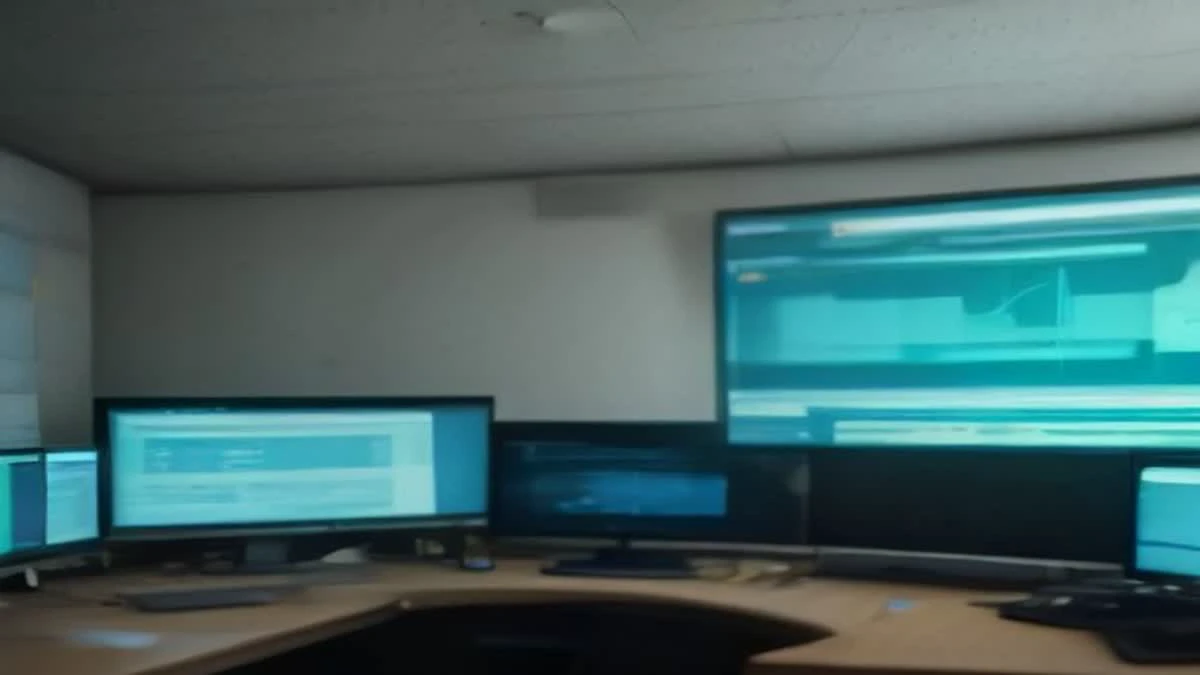 Photograph: slight low angle of a control room with monitors showing abstract dashboards, no readable text, soft morning light